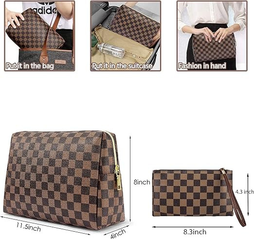 Large Makeup Bag, Vegan Leather Large Retro Cosmetic Bag, BAGCRAZY 2 Pack Large Capacity Travel C... | Amazon (US)