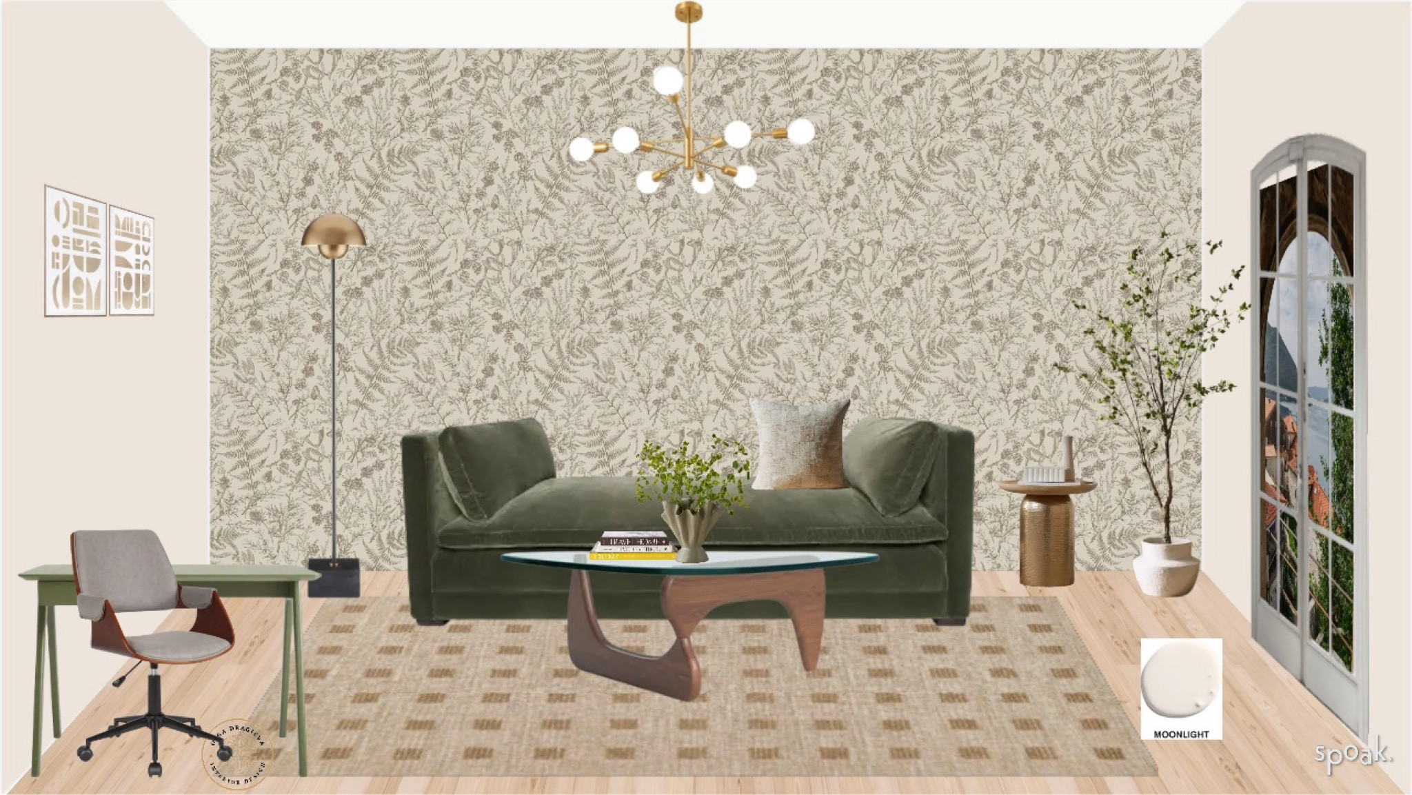 Beautiful living room design/office space moodboard! I love this green chaise from Lulu & Georgia, my favorite Noguchi style coffee table, a new neutral rug from Lulu & Georgia, golden side table, affordable Sputnik chandelier, gorgeous flowerpot floor lamp, floral wallpaper. The desk is from Blu Dot, beautiful desk chair from Wayfair. New collection | home decor | furniture | midcentury modern | neutral design | cosy living room 

#LTKHome #LTKSeasonal #LTKStyleTip