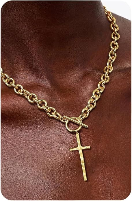 Krfy Chunky 16K Gold Plated Necklace for Women, Hammered Cross Necklace for Women Non Tarnish, He... | Amazon (US)