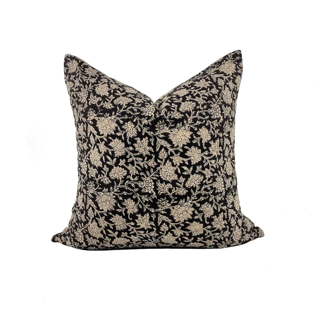 Block Print Floral Pillow Cover Cotton Tan and Black Floral - Etsy | Etsy (US)