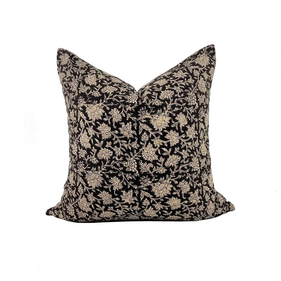 Block Print Floral Pillow Cover, Tan and Black Floral Pillow, XL lumbar Pillow, Modern Farmhouse Pil | Etsy (US)