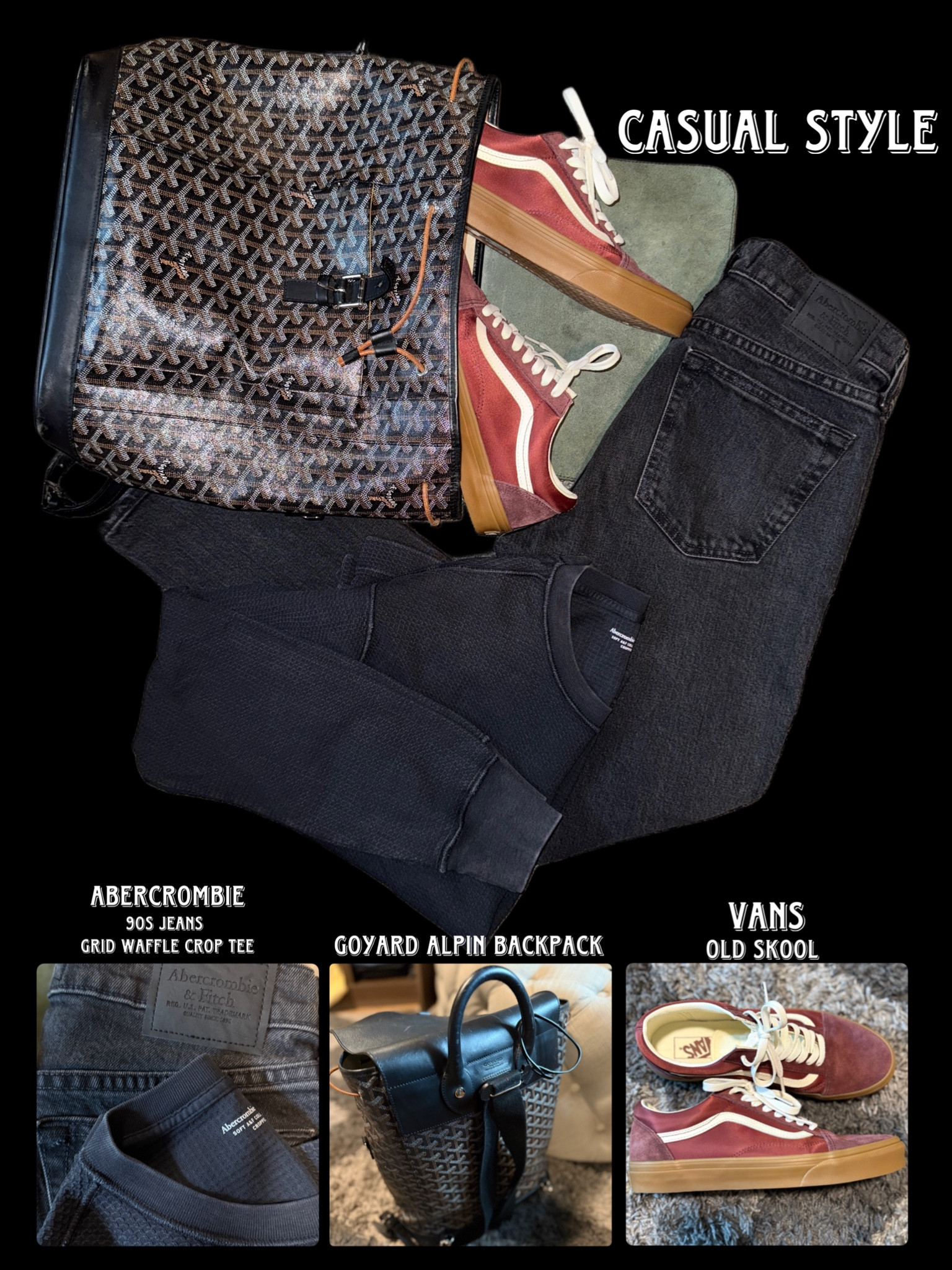 Casual mens style. 
Abercrombie 90s men’s jeans
Long sleeve grid waffle crop tee
Vans old skool for a pop of color
Goyard alpine backpack
#abercrombiemen #abercrombiejeans #abercrombiefallstyle #abercrombiesale #vansoldskool #goyard #goyardalpine #goyardbackpack

#LTKWorkwear #LTKMens #LTKSeasonal