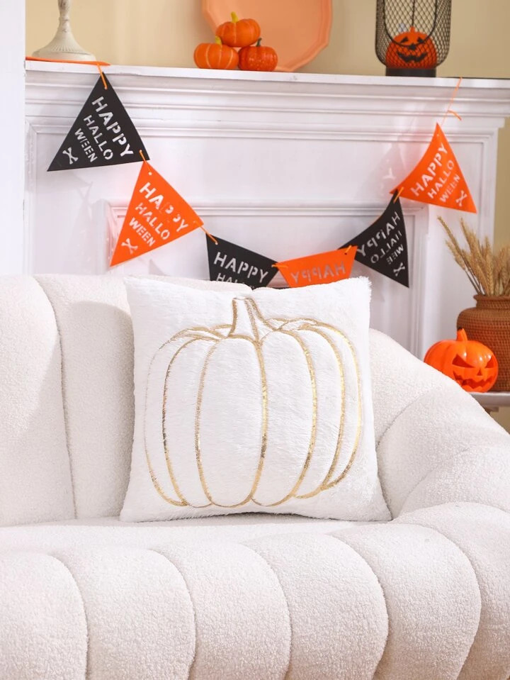Plush Sequin Pumpkin Embroidery Halloween Decoration Throw Pillow Cover 1pc | SHEIN