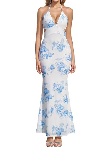 Women's Summer Floral Bodycon Maxi Dress Sexy V Neck Backless Halter Tie Formal Wedding Guest Dre... | Amazon (US)