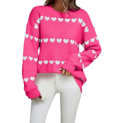 Pink Sweater For Woman,Valentines Day Sweaters For Women Cute Love Heart Print Romantic Knitted Casual Long Sleeve Pullover Holiday Outfit,#Hot Pink,S | Amazon (US)