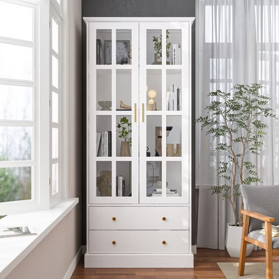Famapy White Bookcase Bookshelf Storage Cabinet with Glass Doors and Fixed Shelves | Target