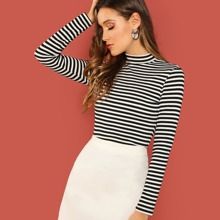 Striped Mock Neck Long Sleeve Top | SHEIN