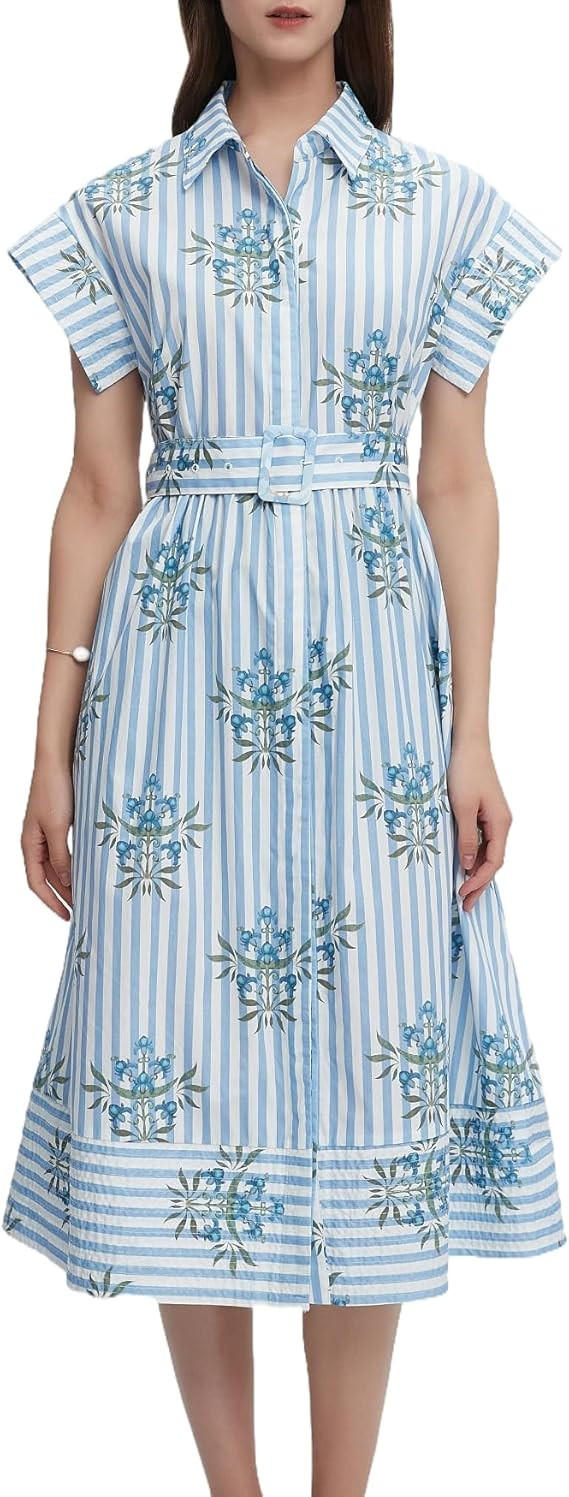 Women Summer Dresses 2025 Casual Wing Short Sleeve Button Down Midi Dress Floral Long Dress with ... | Amazon (US)