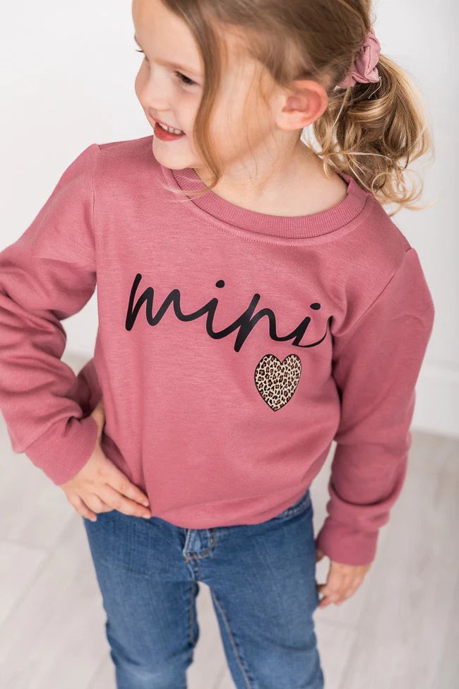 Mini Script Brown Animal Print Kids Super Soft Fleece Mauve Graphic Sweatshirt | Pink Lily