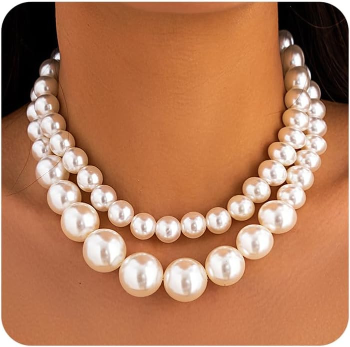 Retro Layered Large Pearl Choker Necklace Exaggerated Big Pearl Necklaces for Women Chunky Pearl ... | Amazon (US)