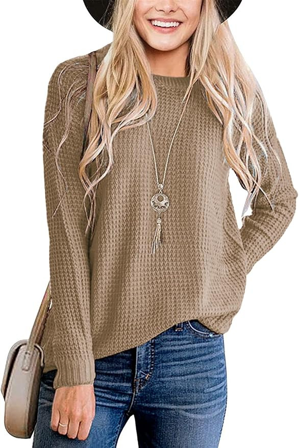 MEROKEETY Women's Long Sleeve Waffle Knit Sweater Crew Neck Solid Color Pullover Jumper Tops | Amazon (US)