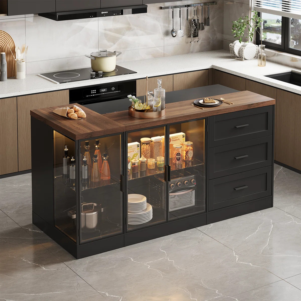 71"W Double Side Kitchen Island With Glass Door,  3 Cabinet And Drawers & Power Outlet | Wayfair North America