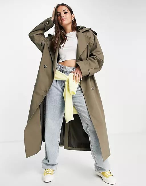 ASOS DESIGN trench coat with hood in stone | ASOS (Global)