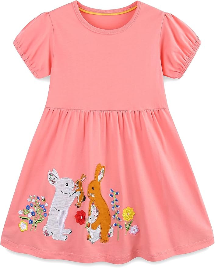 FreeLu Girls Cartoon Appliques Dress Cotton Summer Short Sleeve Dresses Casual Jersey Skirt | Amazon (US)