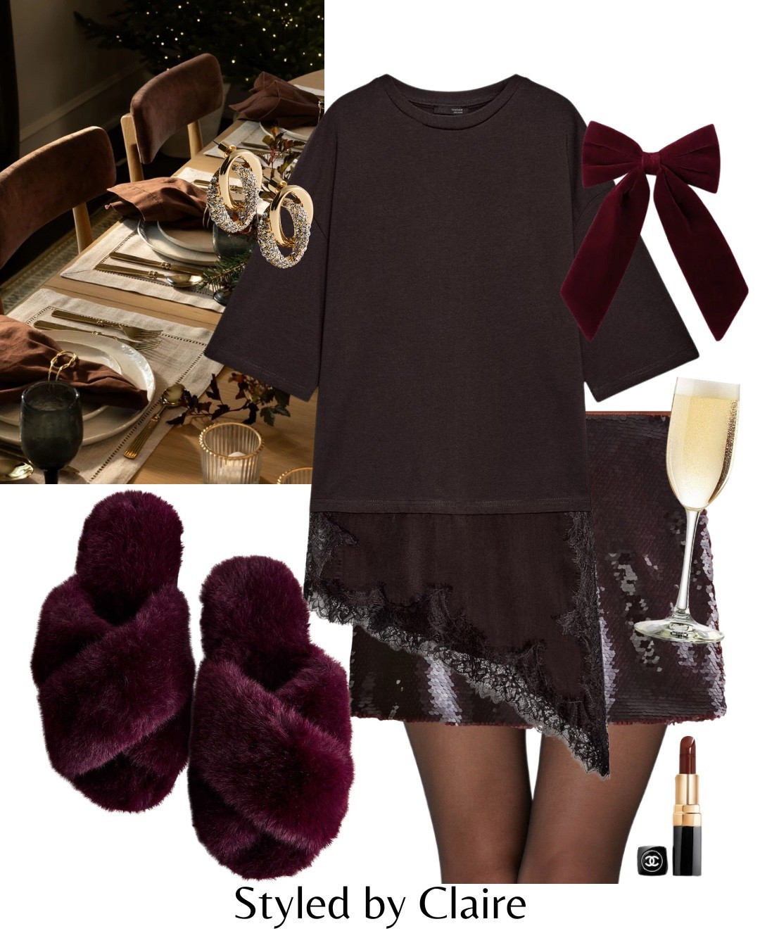 BROWN & BURGUNDY SEQUINS🪩
Tags: Zara lace trim asymmetric tshirt top skirt mini fluffy cross band slippers shimmery velvet accessories bow hair clip earrings festive partywear party inspo outfit ideas Christmas Day at home girls night in shimmery sparkly 

#LTKpartywear #LTKstyletip #LTKfestive