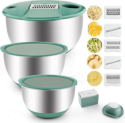 VEKAYA Mixing Bowls with Graters, Set of 3 Mixing Bowls Stainless Steel with Airtight Lids, Large... | Amazon (US)
