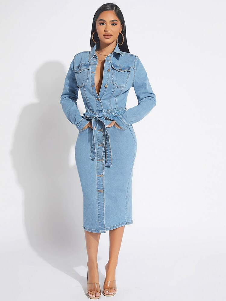 SHEIN SXY Flap Pocket Button Front Belted Denim Dress | SHEIN
