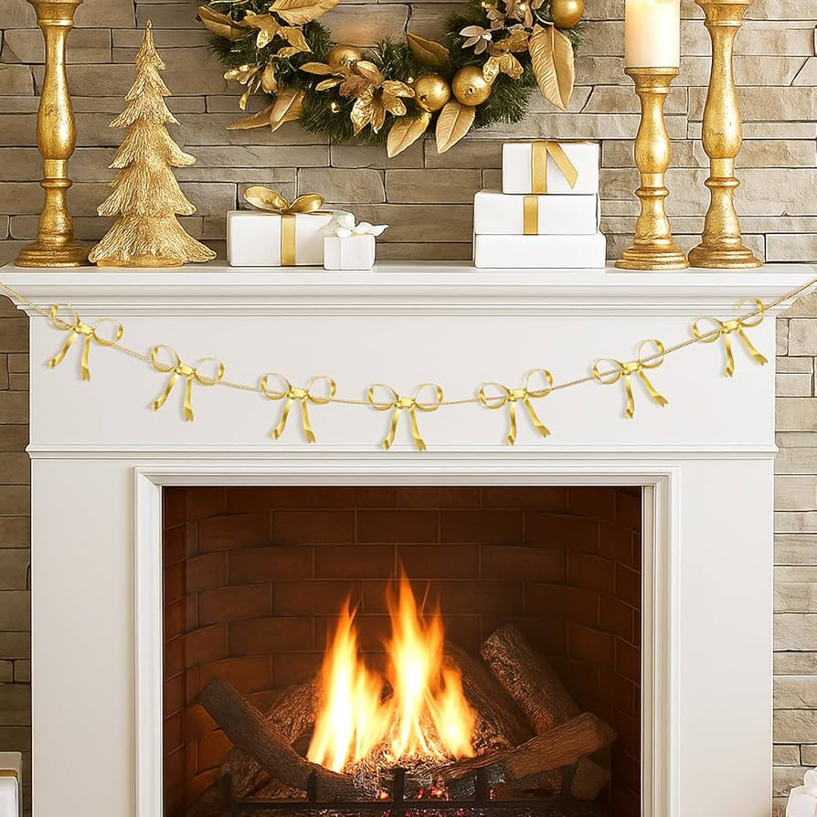 Christmas Bow Garland Decor 7.55ft Metal Gold Bow Banner Coquette Room Decor Birthday Xmas Tree D... | Amazon (US)