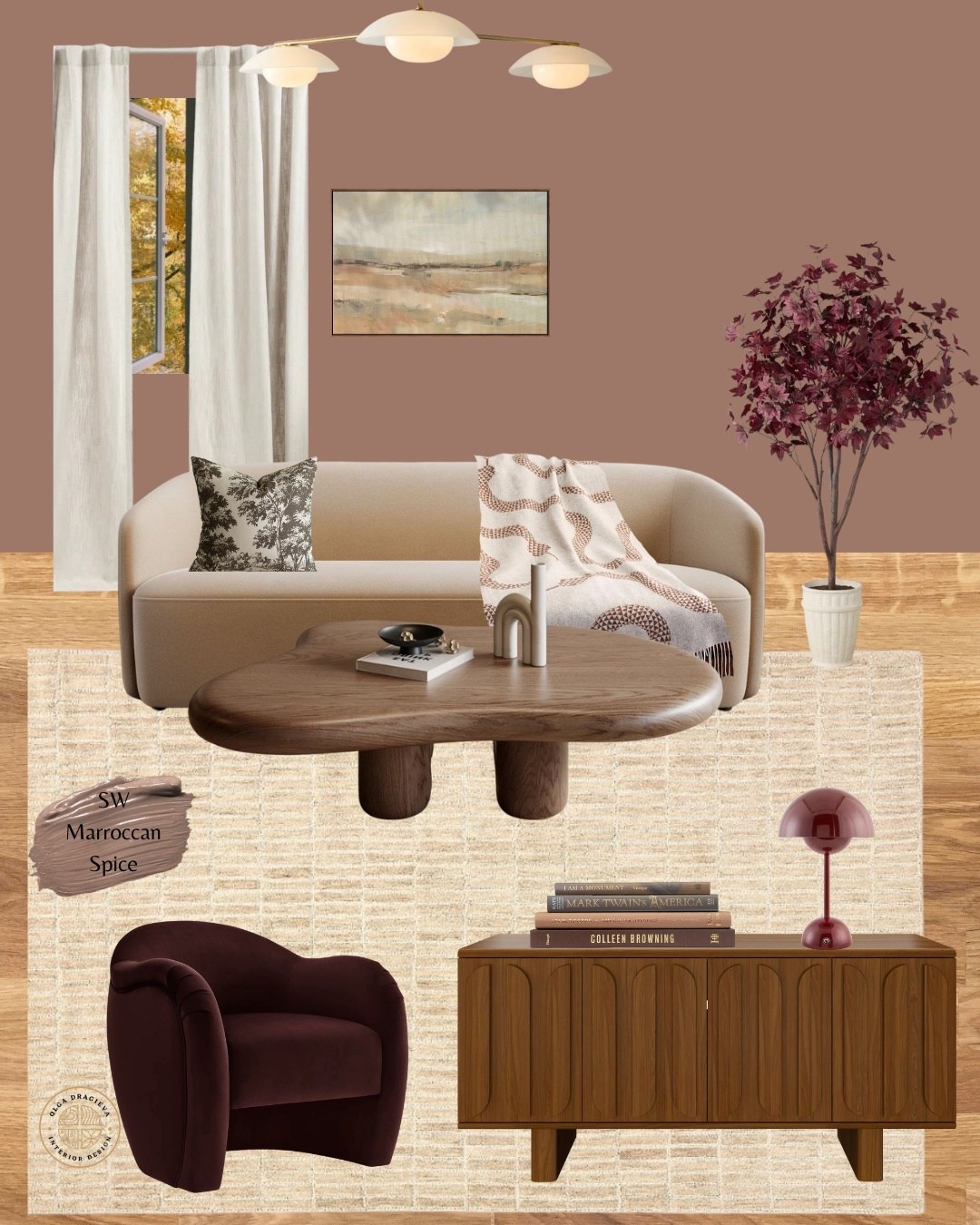 Gorgeous Fall-inspired living room design/mood board. Neutral sofa by Pottery Barn, affordable coffee table from Wayfair, neutral rug, affordable wall art, velvet accent chair, affordable red mushroom lamp, faux tree from Target. #homedecor #livingroom #falltrends

#LTKautumn 

#LTKSeasonal #LTKHome #LTKStyleTip