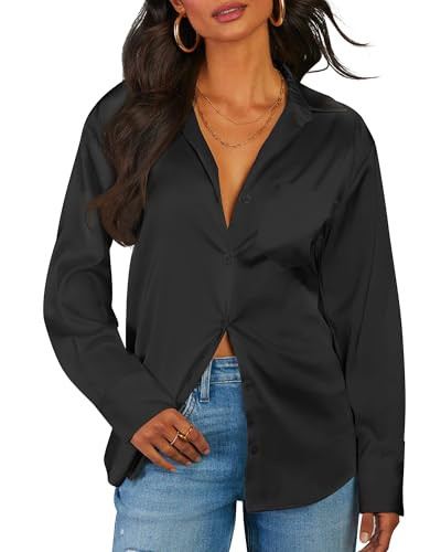 Silk Button Down Shirts for Women Satin V-Neck Blouse Silky Long Sleeve Button-Down Shirt Sexy Elegant Office Workwear Top Black Button-Up Formal Business Casual Work Tunic Black XL | Amazon (US)