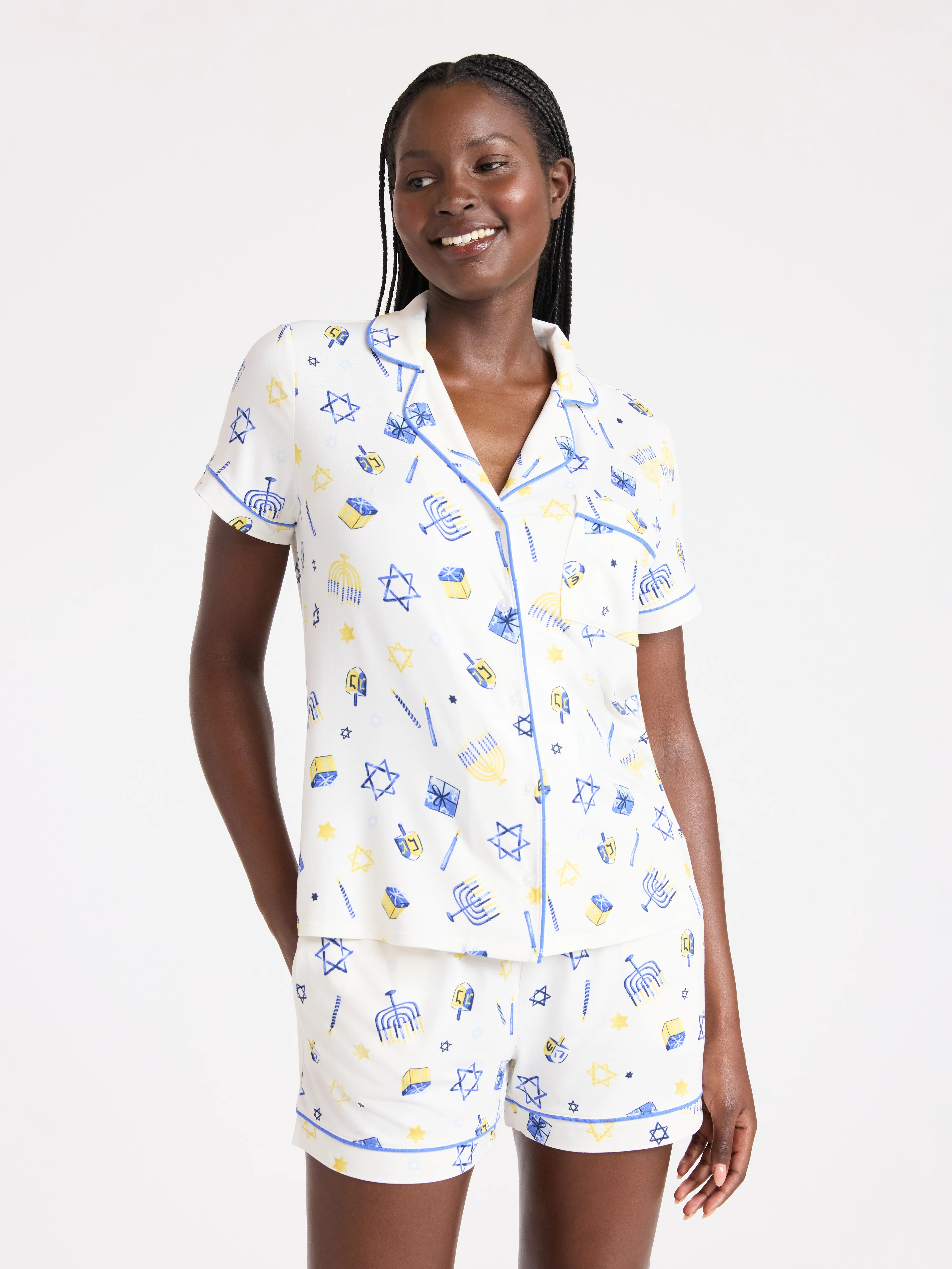 Joyspun Women’s Dreamy Soft Collection Notch Collar Knit Top and Boxer Shorts Pajama Set, Sizes... | Walmart (US)