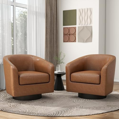 Pia Ricco Swivel Accent Chairs Set of 2, Faux Leather 360° Swivel Round Barrel Chair, Comfy Upho... | Amazon (US)