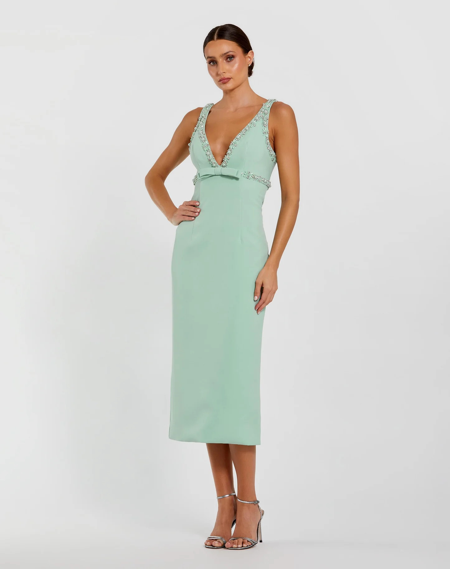 Green Crepe Fitted Midi Dress With Bow And Beaded Trim | Mac Duggal | Mac Duggal