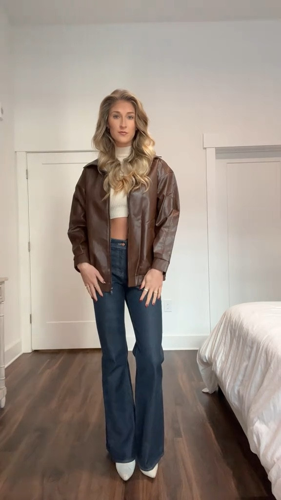 fall fashion, fall style ideas, style inspo, brown bomber jacket, dark wash denim flare jeans, white stiletto pointed toe boots

#LTKfindsunder50 #LTKshoecrush #LTKitbag