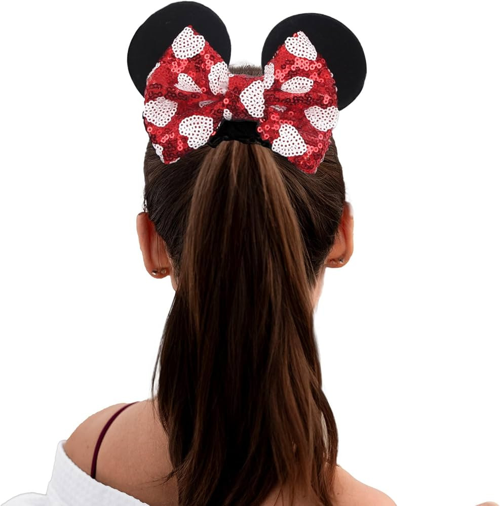 Black Mouse Ear Scrunchies for Women, Velvet Hair Tie with Sparkle Sequins White Hearts Red Bow | Amazon (US)