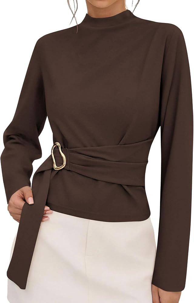 PRETTYGARDEN Women Long Sleeve Belted Business Casual Tops | Amazon (US)