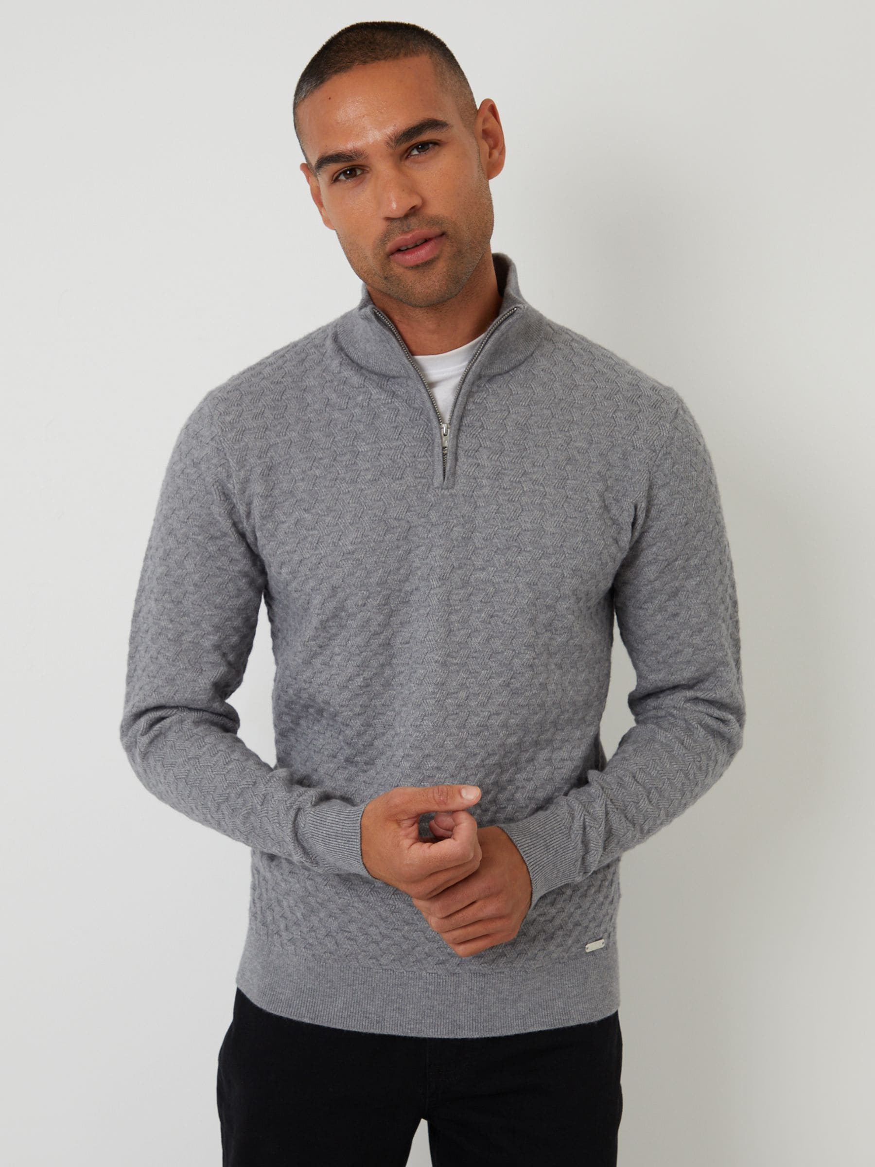 Threadbare Threadbare Grey Textured Cable Knit Quarter Zip Jumper | Next US