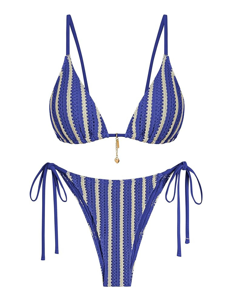 ZAFUL Bikini Sets for Women Crochet Swimsuits Striped Triangle Knit Cheeky Bikini Two Piece Swimw... | Amazon (US)
