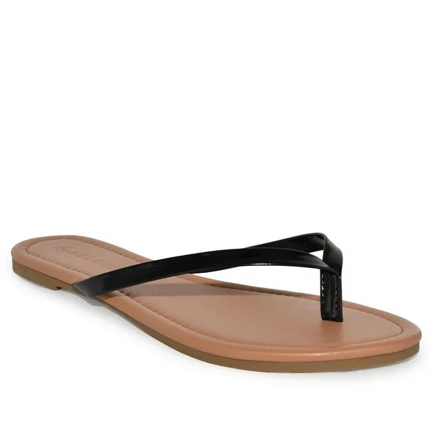 Wild Diva Classic Faux Patent Strap Leather Almond Toe Flip Flop Thong Sandals (Black, 9) | Walmart (US)