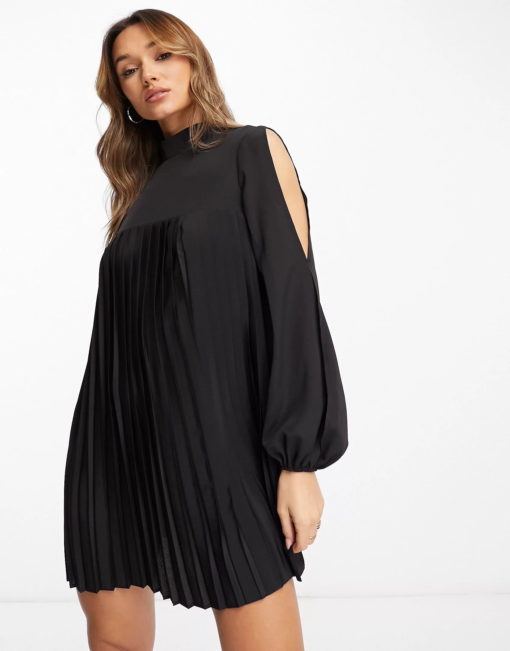 ASOS DESIGN high neck pleated trapeze mini dress with split sleeves in black | ASOS (Global)