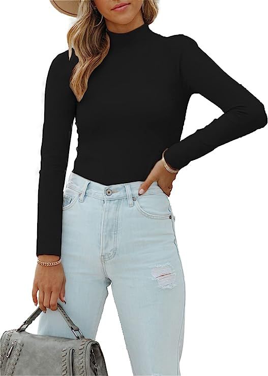 SANDERY Women's Long Crop Sleeve Mock Neck Basic Ribbed Slim Tee Top Fitted Blouse Shirts | Amazon (US)