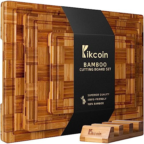 Kikcoin Extra Large Bamboo Cutting Boards, (Set of 3) Chopping Boards with Juice Groove Bamboo Wood Cutting Board Set Butcher Block for Kitchen, End Grain Serving Tray | Amazon (US)