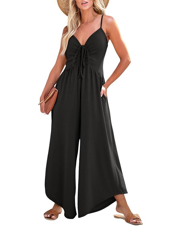 Dokotoo Womens Jumpsuits Spaghetti Straps Ruched Drawstring Knit Wide Leg Romper Casual Jumpsuits... | Amazon (US)