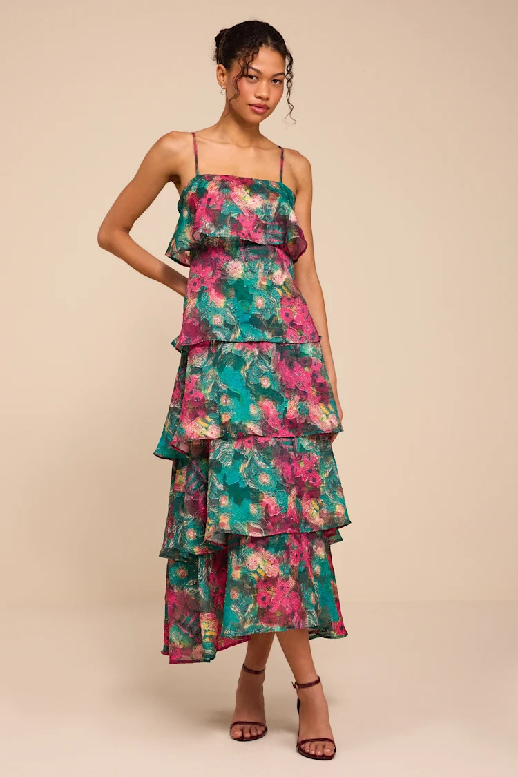Nia Teal Multi Jacquard Organza Tiered Midi Dress | Lulus