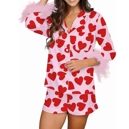 YAYAOAYAY Women Fur Feather Trim Valentine's Day Pajamas Long Sleeve Button-Down Top + Shorts Satin Silk Lounge Set Sleepwear (A Pink Heart, M) | Amazon (US)