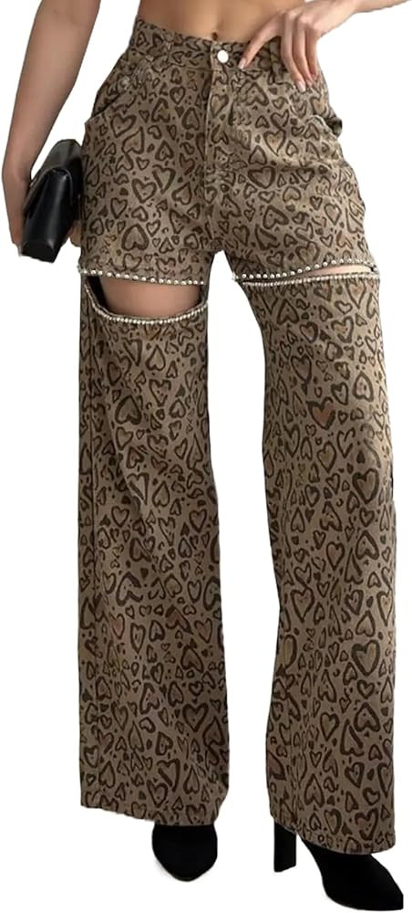 Kedera Women High Waist Denim Jeans Rhinestone Trim Bling Jeans Plus Size Denim Pants | Amazon (US)