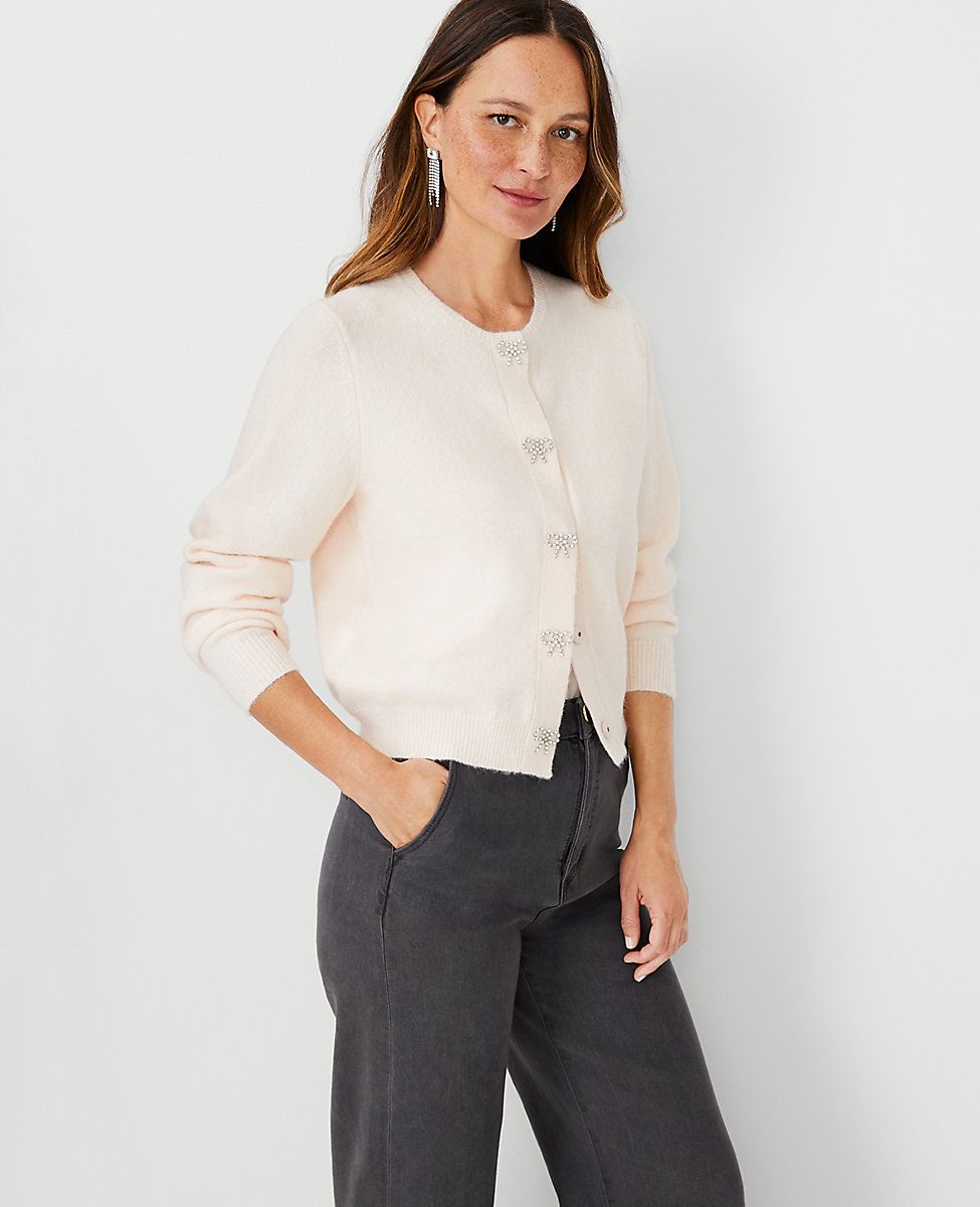 Crystal Bow Front Crew Neck Cardigan | Ann Taylor (US)