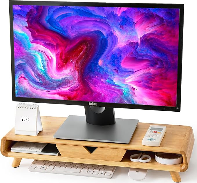 Homerays Bamboo Monitor Stand Riser, No Assembly Required Exquisite Monitor Stand with Drawer Erg... | Amazon (US)
