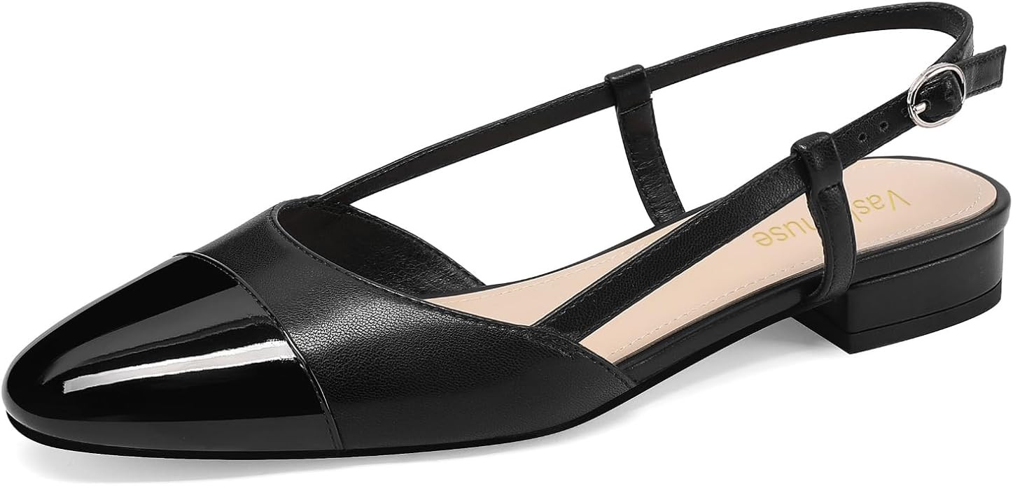 Vaslemuse Women Slingback Flats Double Strap Block Low Heel Sandals Two Toned Classic Dress Shoes... | Amazon (UK)