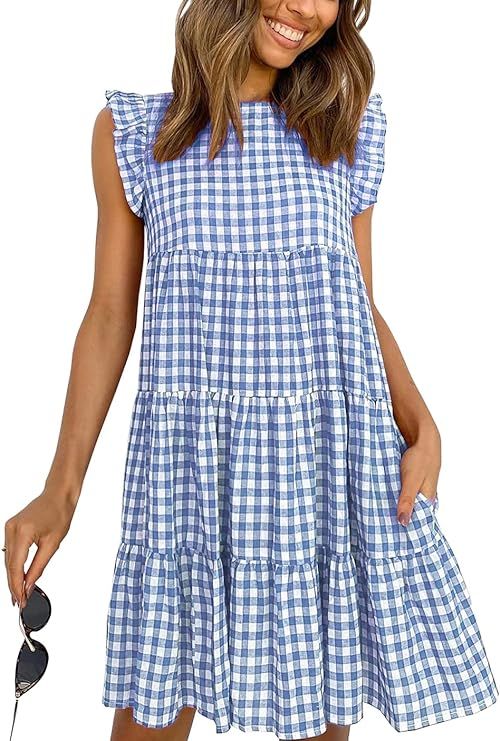 KIRUNDO Women’s Summer Dress Sleeveless Ruffle Sleeve Round Neck Mini Dress Solid Color Loose F... | Amazon (US)