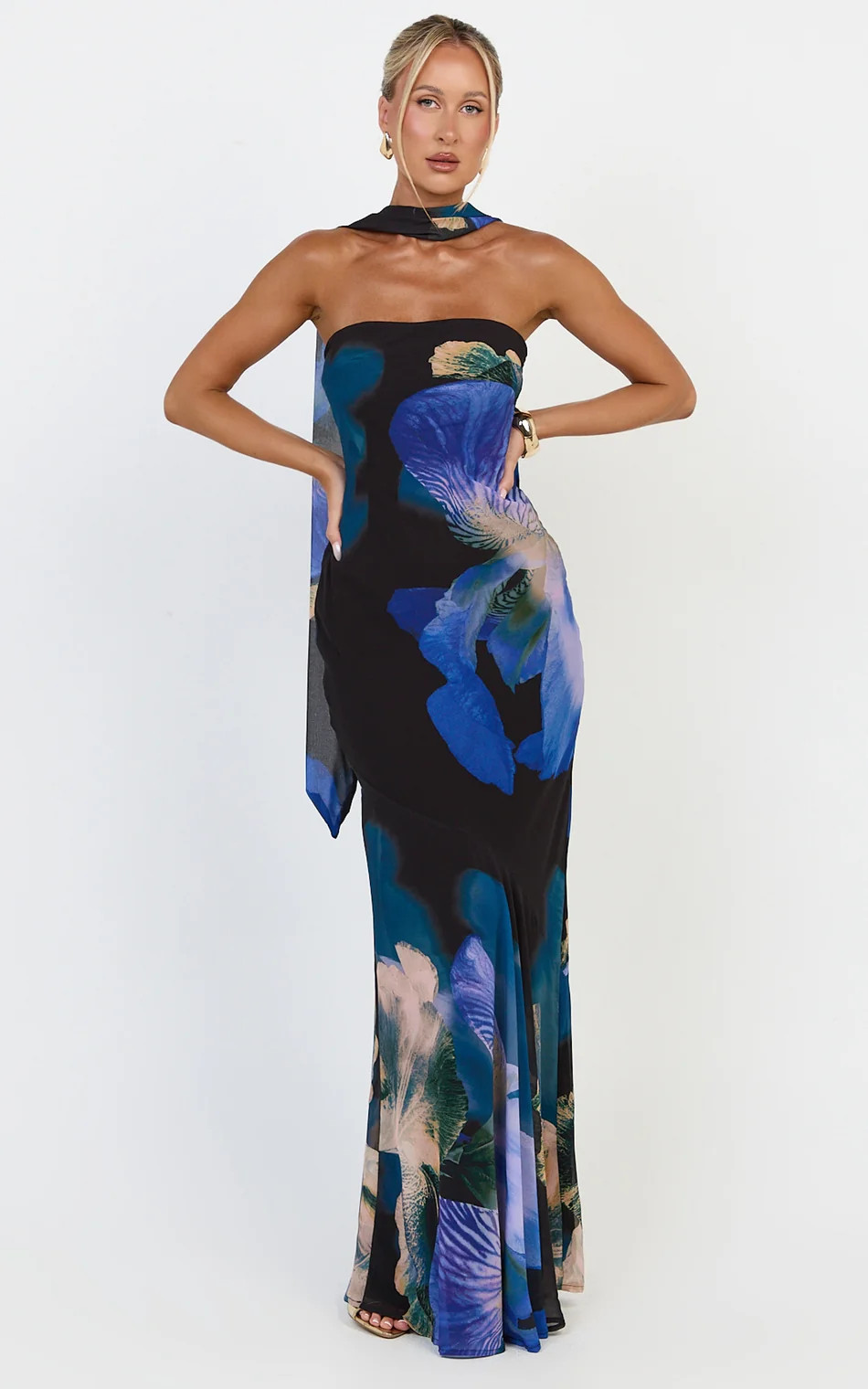 Strapless Bias Column Dress with Scarf in Midnight Resort Orchid Print | Showpo (US, UK & Europe)