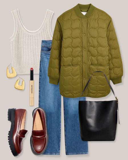 Madewell outfit
Casual fall outfit
Smart casual outfit
Green puffer jacket
Grey sweater tank
High waisted jeans
Brown lug sole loafers
Chunky loafers
Black bucket bag
Dark pink lipstick
Gold earrings

#LTKstyletip #LTKfindsunder100 #LTKSeasonal