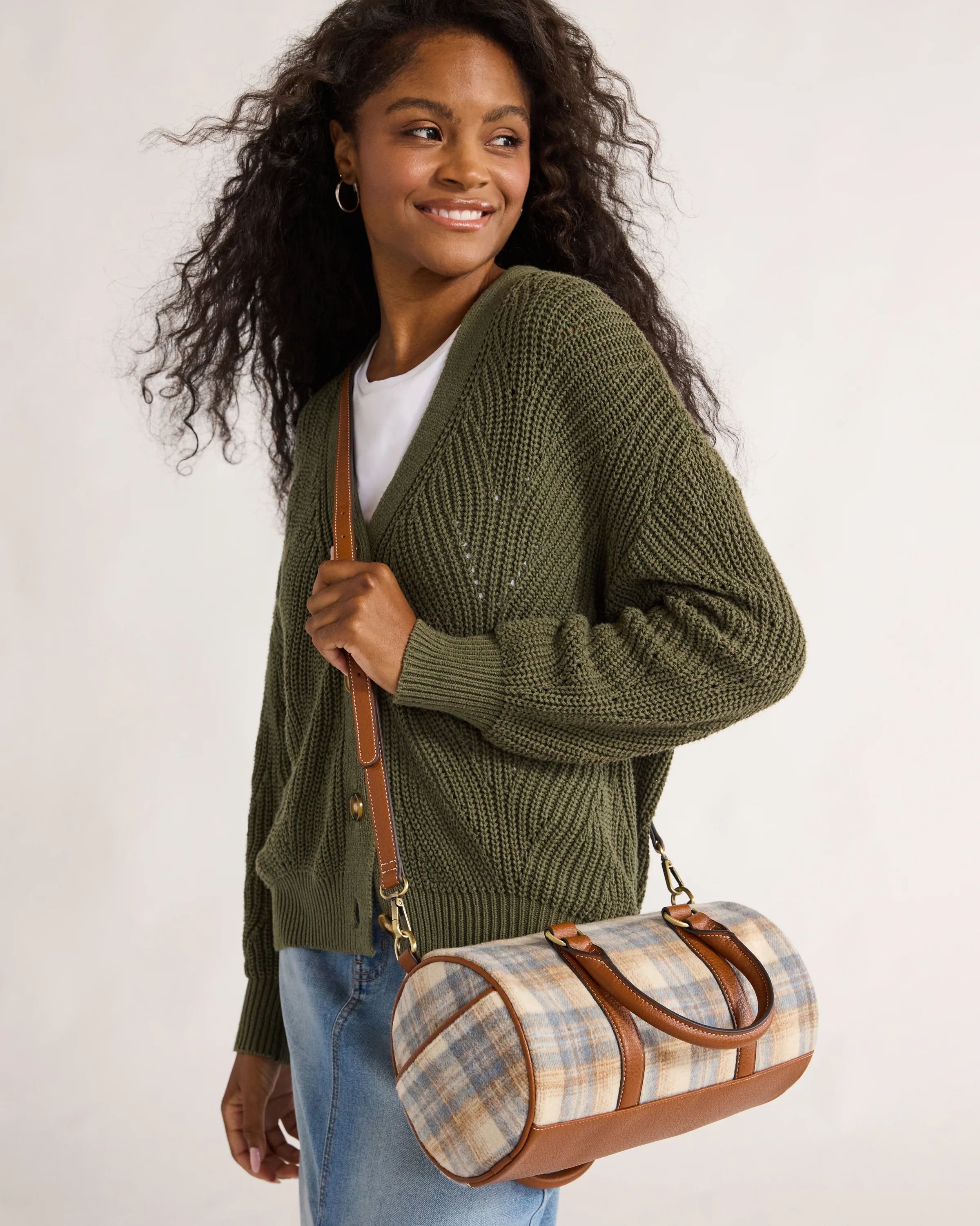 Time and Tru Women's Plaid Barrel Crossbody Bag, Cognac | Walmart (US)