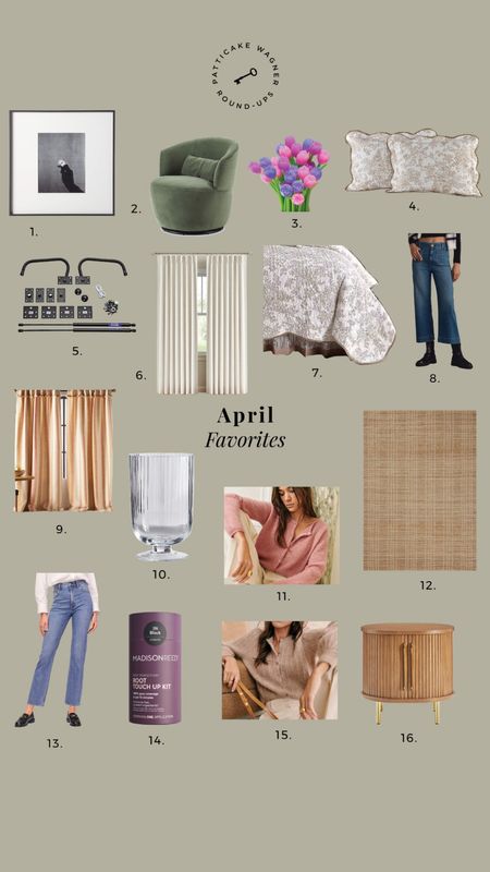 Very late on this but here’s April Favorites. *gallery frame, swivel chair, color changing tulip pens, toile garden shams and quilt, murphy bed kit, pinch pleat curtains, Anthropologie wide legs jeans, stripe fringe curtains, glass footed vase, Sézane blush and beige cardigans, cotton jute rug, Abercrombie straight leg jeans, root touch up kit, round side table  

#LTKHome #LTKSaleAlert #LTKStyleTip