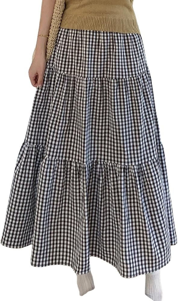 Women's Elastic High Waist Plaid Gingham Skirt Casual Tiered Swing A Line Midi Skirt | Amazon (US)