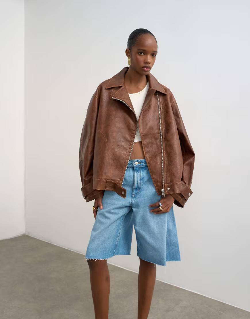 Topshop faux leather funnel neck biker jacket in washed brown | ASOS (Global)